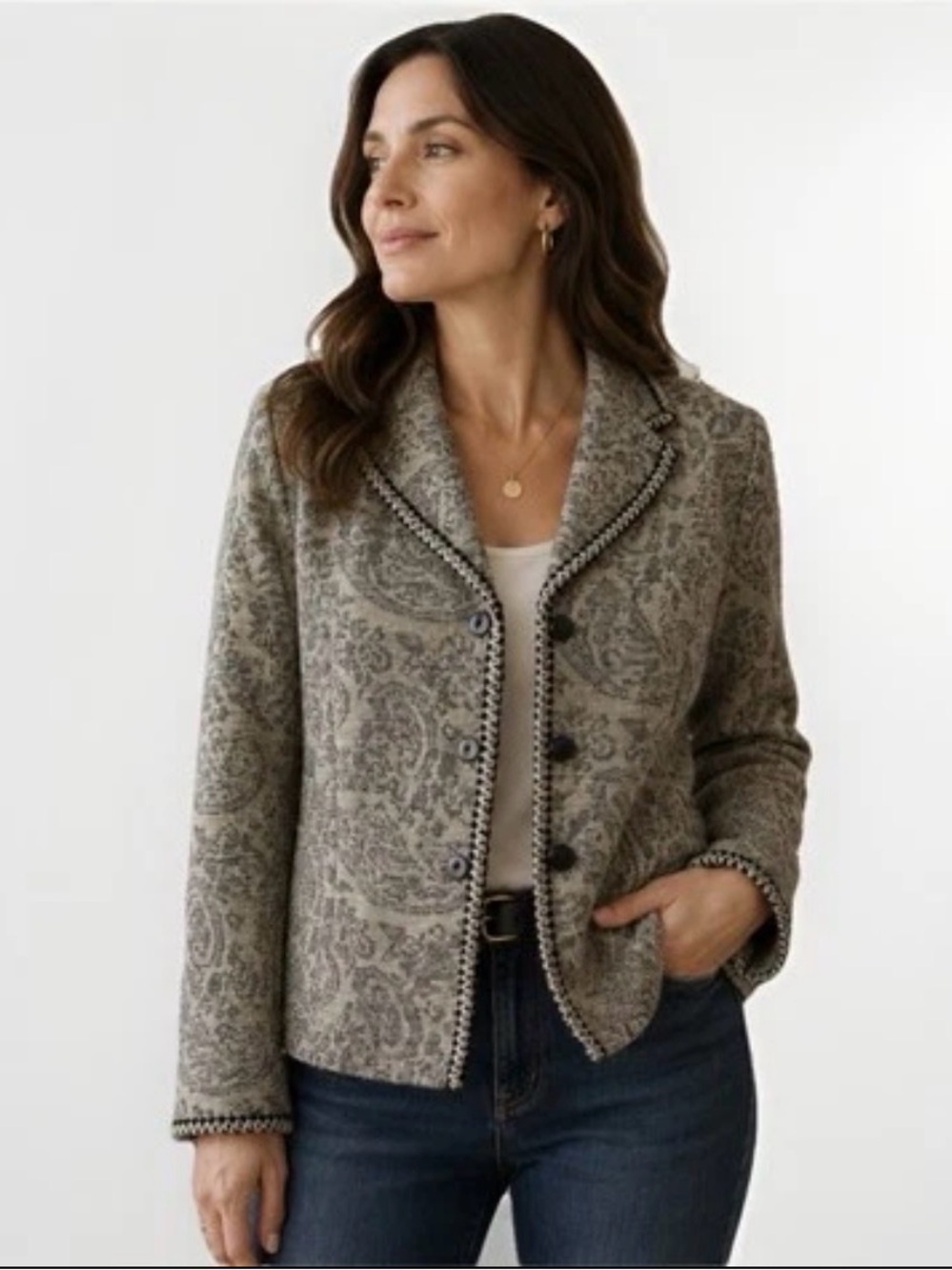 Koret Petite Paisley Knit Blazer Jacket MP Beige Black Button Front Career